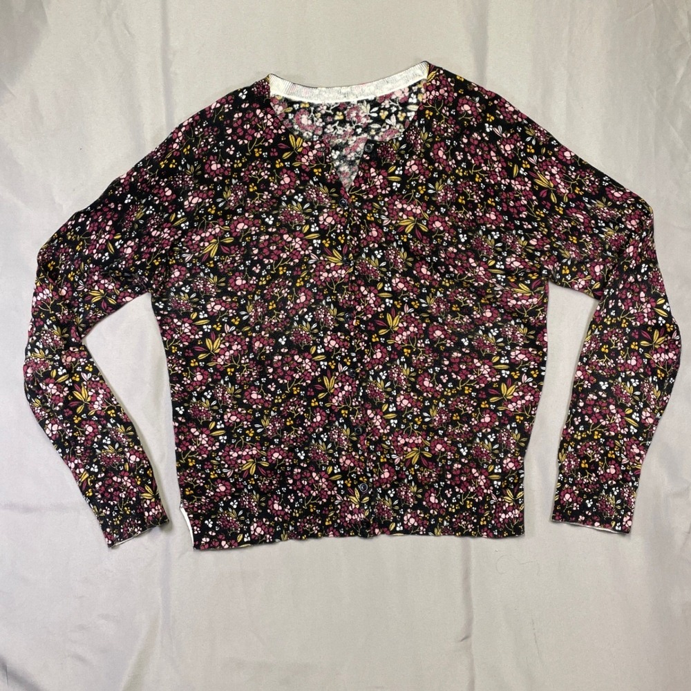 Loft Floral Cardigan 100% Cotton Sweater Black Pink Ditsy Print Long Sleeve